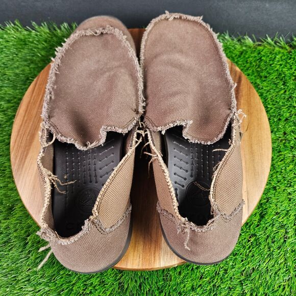 CROCS Santa Cruz Men\'s Size 13 Brown Canvas Slip-On Loafer Shoes Frayed
